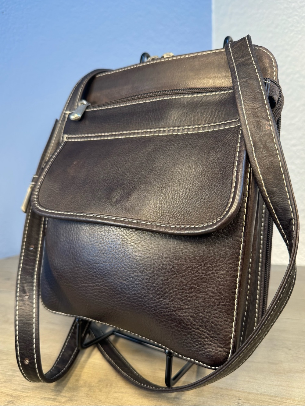 Le Donne Leather Messenger Crossbody Bag Dark Brown Flap Organizer Colombia